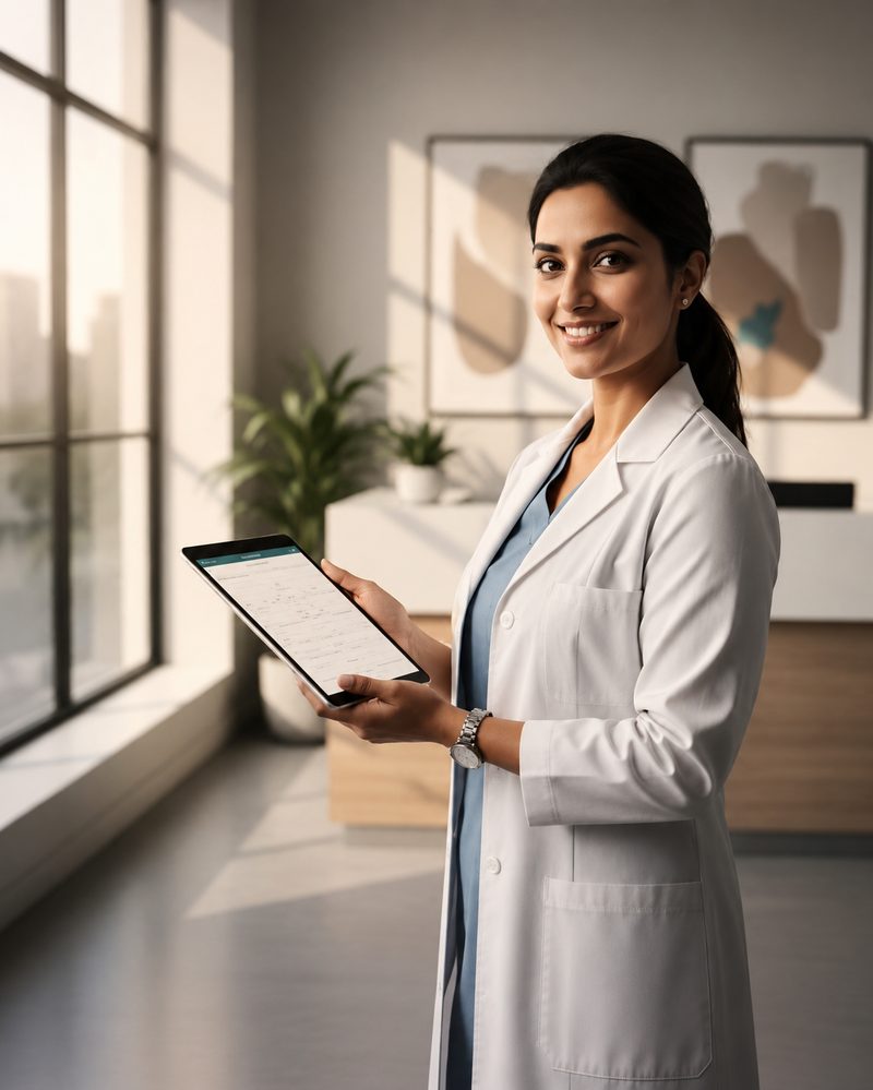 A doctor reviewing patient records on a tablet in her clinic