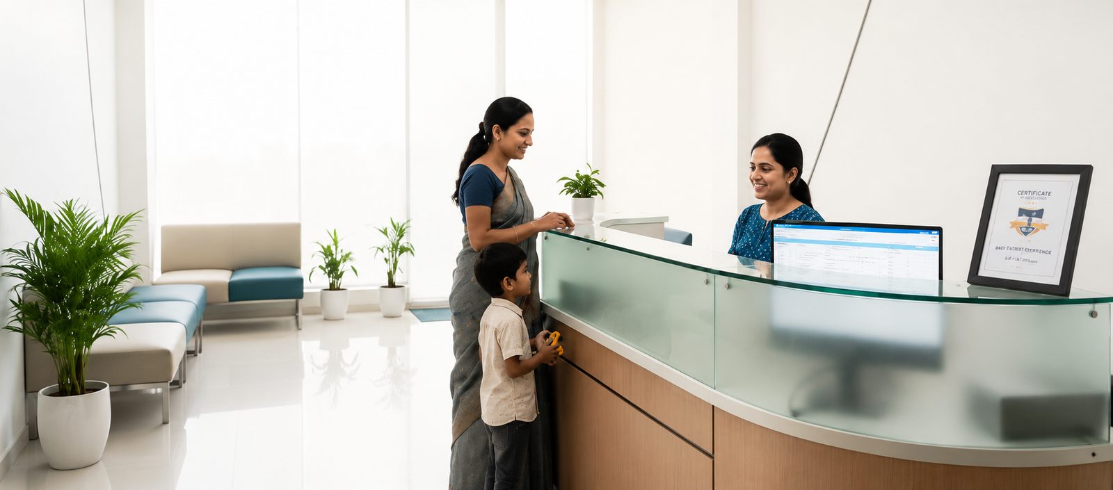 A receptionist welcoming a mother and her child at the front desk